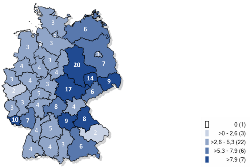 Kartographische Darstellung gemeldeter Fälle von Keuchhustenerkrankungen auf Gebietsebene pro 100.000 Einwohnern in Deutschland 2025