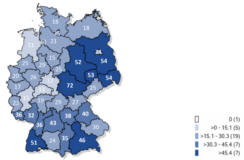 Kartographische Darstellung gemeldeter Fälle an Keuchhustenerkrankungen pro 100.000 Einwohnern 2024 Kartographische Darstellung gemeldeter Fälle an Keuchhustenerkrankung auf Gebietsebene pro 100.000 Einwohnern in Deutschland 2024