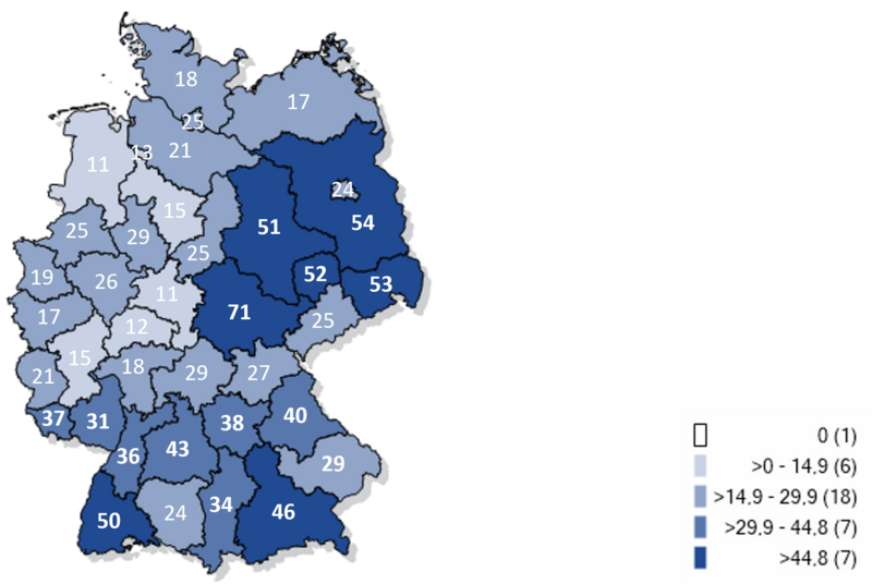 Kartographische Darstellung gemeldeter Fälle an Keuchhustenerkrankung auf Gebietsebene pro 100.000 Einwohnern in Deutschland 2024