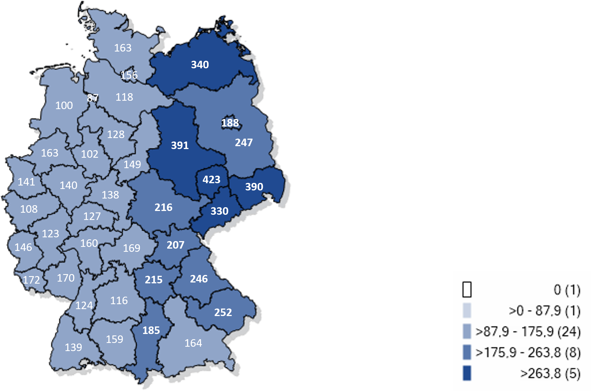 Kartographische Darstellung gemeldeter COVID-19-Meldefälle seit KW40/2024 in Deutschland (Inzidenz pro 100.000 Einwohner)
