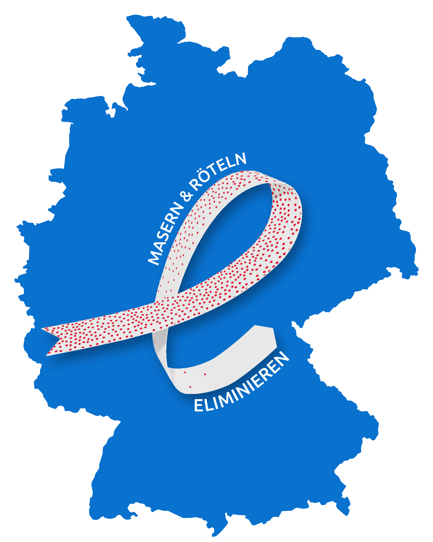 Das Bild zeigt eine blaue Deutschlandkarte. Auf der Karte liegt eine weiße Schleife. Am Anfang der Schleife sind viele rote Punkte drauf, die am Ende immer mehr verschwinden. Daneben der Text Masern und Röteln eliminieren.