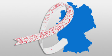 Blaue Deutschlandkarte, links daneben eine wei&szlig;e 3D Schleife mit vielen, kleinen roten Punkten, die zum Ende hin weniger werden. Die Schleife steht f&uuml;r Masern und R&ouml;teln eliminieren