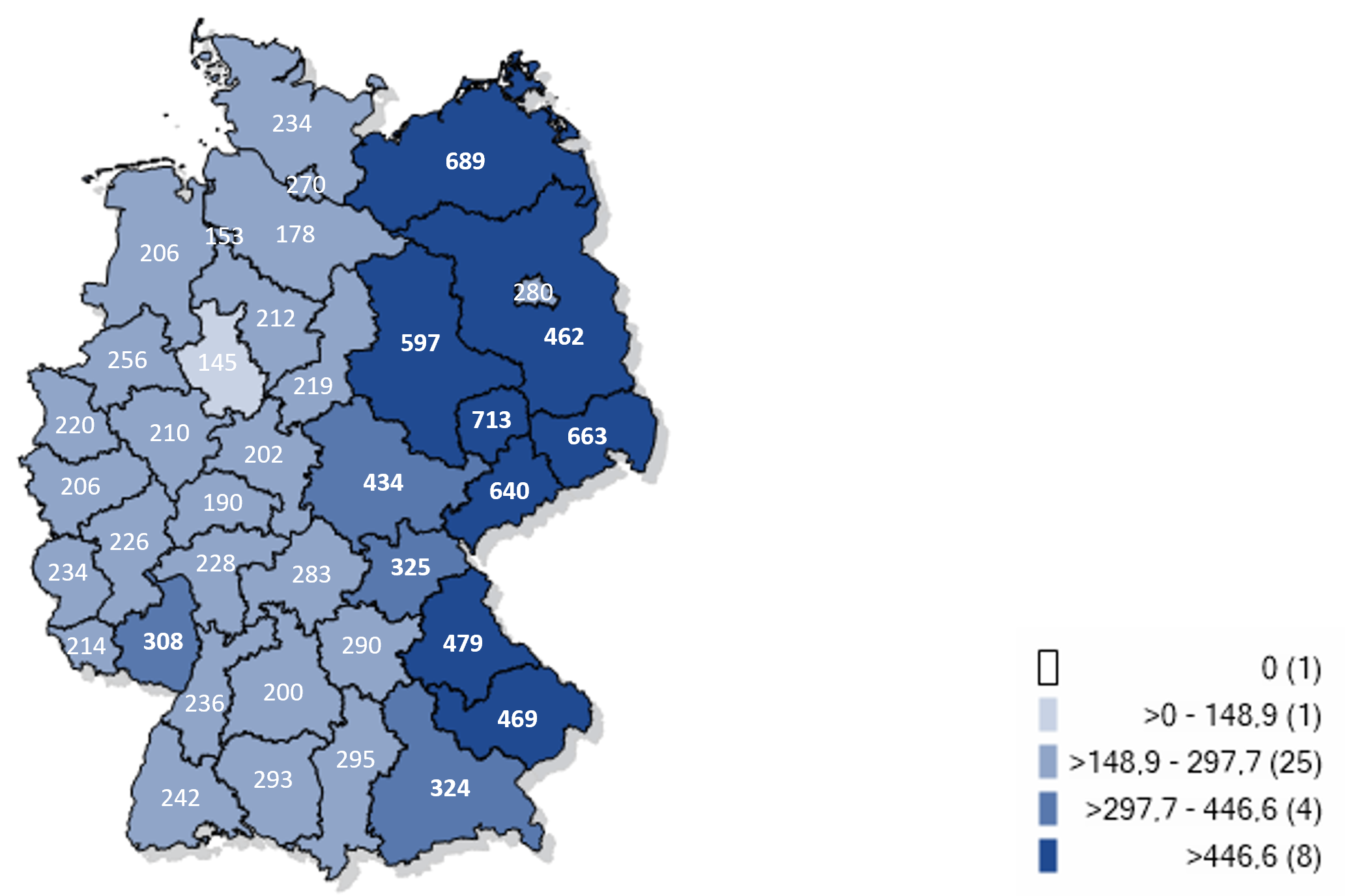 Kartographische Darstellung gemeldeter laborbestätgter Influenzafälle in Deutschland 2025/26 (Inzidenz pro 100.000 Einwohner)