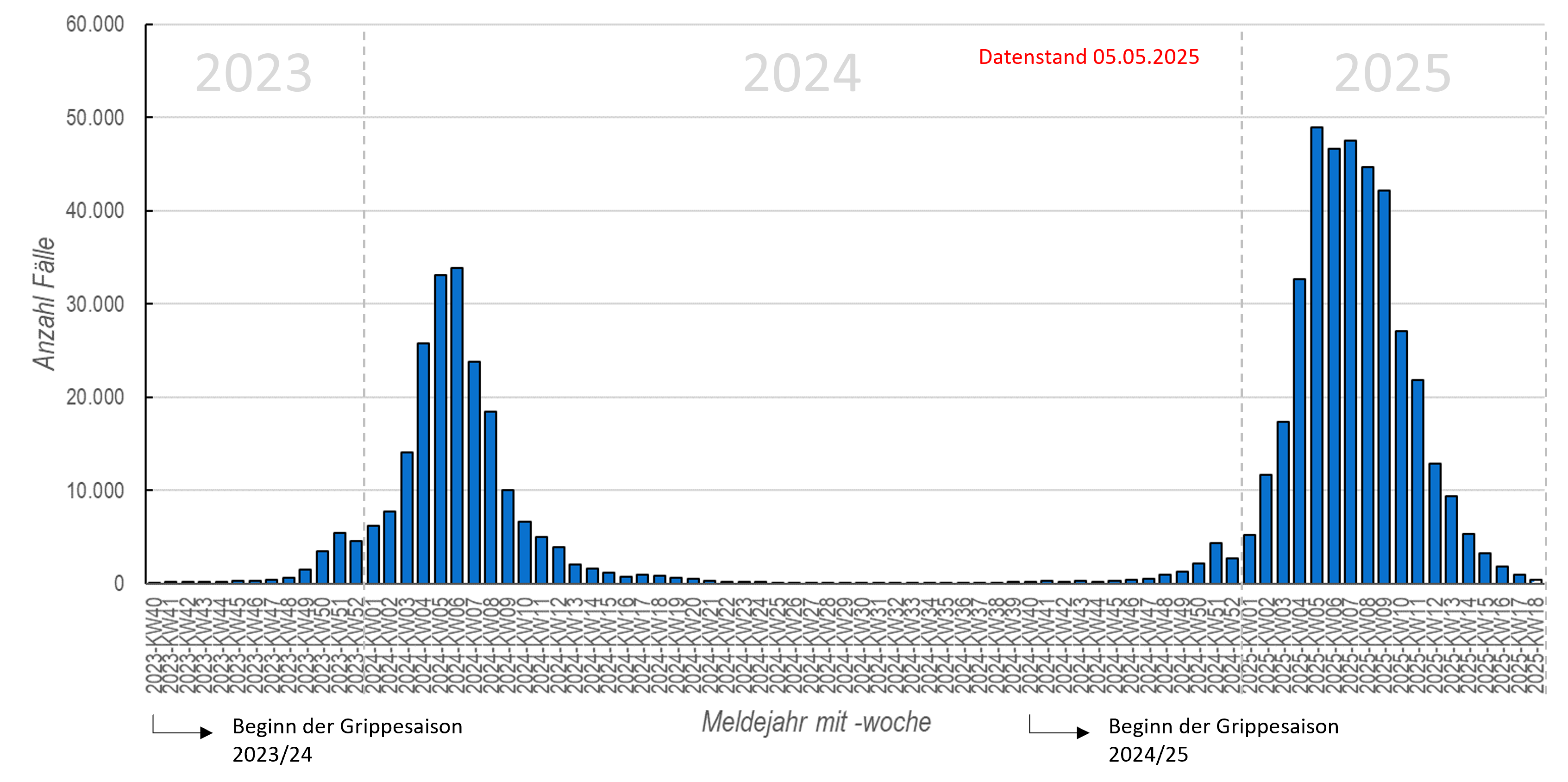 Balkendiagramm wöchentliche Influenzameldungen in der aktuellen Saison