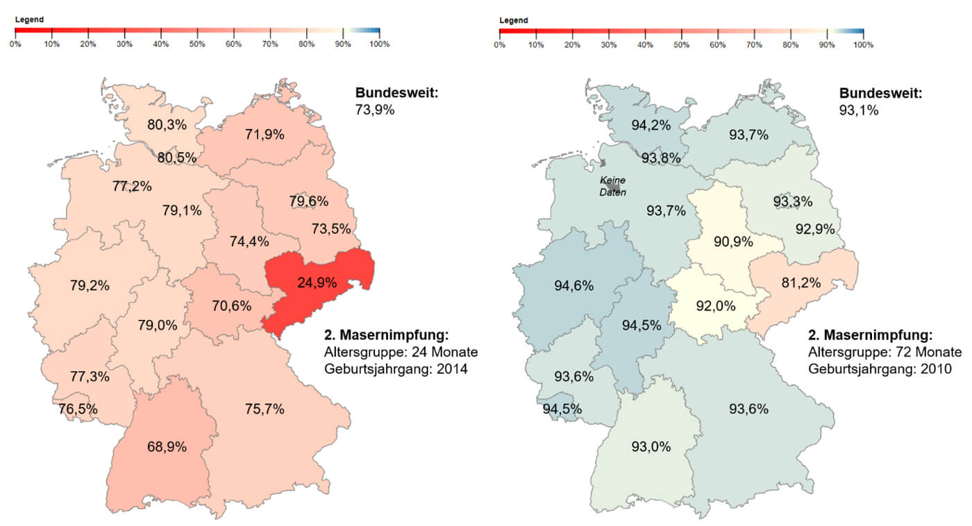 zwei Deutschlandkarten auf der die Bundesländer entsprechend der Impfquoten für die 2. Masernimpfung bei 2-jährigen und 6-jährigen Kindern eingefärbt sind